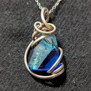 Handcrafted Sterling Silver Blue Iridescent Wire Wrapped Dichroic Glass Pendant